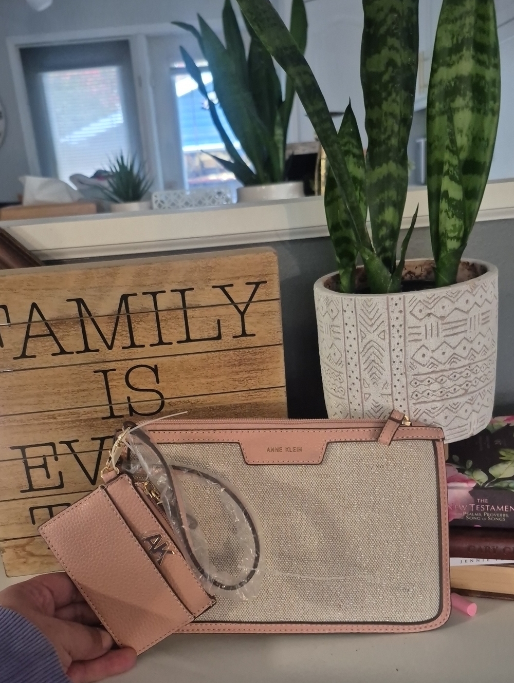 Anne Klein Pink and Beige Canvas Wristlet with Card Holder